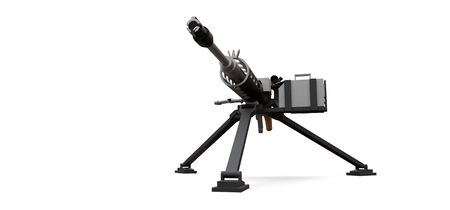 Large machine gun on a tripod with a full cassette ammunition on a white background.