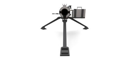 Large machine gun on a tripod with a full cassette ammunition on a white background.