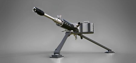 Large machine gun on a tripod with a full cassette ammunition on a grey background.