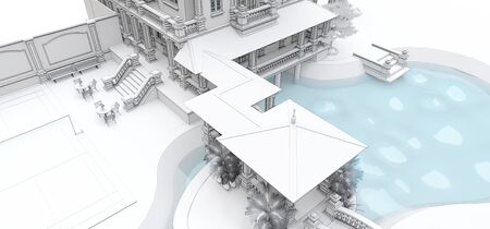 Large Asian-style villa with garden, pool and tennis court. The building and the territory in contour lines with soft scattered shadows. 3d illustrationの写真素材