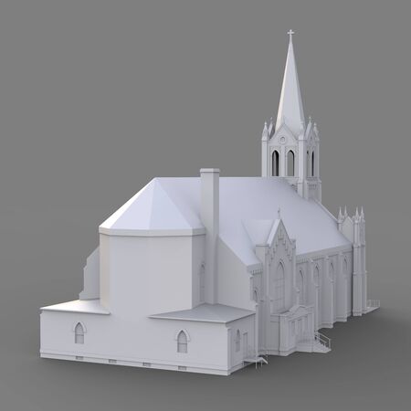 The building of the Catholic church, views from different sides. Three-dimensional white illustration on a gray background. 3d rendering.の写真素材