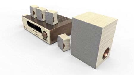 DVD receiver and home theater system with speakers and subwoofer made of painted metal and light...