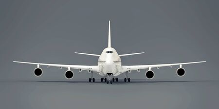 Large passenger aircraft of large capacity for long transatlantic flights. White airplane on gray isolated background. 3d illustration.の写真素材