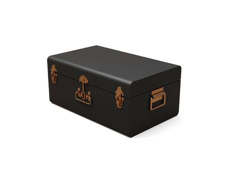 Black leather suitcase with exquisite clasps. Classic premium design with centuries-old traditions. Modern new product in vintage style. 3d illustration.の写真素材