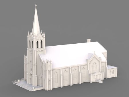 The building of the Catholic church, views from different sides. Three-dimensional white illustration on a gray background. 3d renderingの写真素材