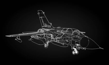 Military jet fighter silhouettes. Image of aircraft in contour drawing lines. The internal structure of the aircraftのイラスト素材