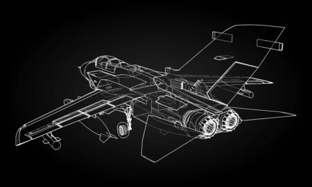 Military jet fighter silhouettes. Image of aircraft in contour drawing lines. The internal structure of the aircraftのイラスト素材