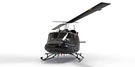 Black small military transport helicopter on white isolated background. The helicopter rescue service. Air taxi. Helicopter for police, fire, ambulance and rescue service. 3d illustrationの写真素材