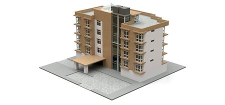 Small white and beige condominium with elevator and garage. 3d rendering