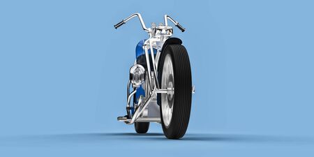 Blue classic custom motorbike isolated on light blue background. 3d rendringの写真素材
