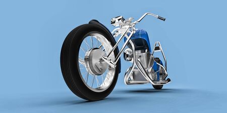 Blue classic custom motorbike isolated on light blue background. 3d rendringの写真素材