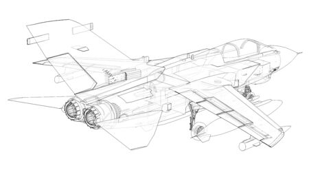 Military jet fighter silhouettes. Image of aircraft in contour drawing lines. The internal structure of the aircraft. 3d rendering.の写真素材