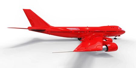 Large passenger aircraft of large capacity for long transatlantic flights. Red airplane on white...