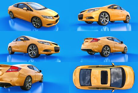 Set yellow small sports car coupe on a blue background. 3d rendering