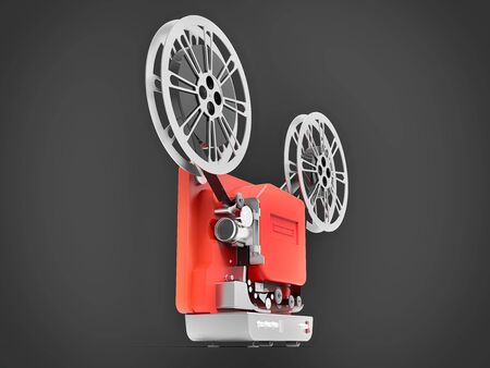 Red 3d cinema film projector isolated on gray background. 3d renderingの写真素材