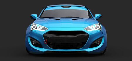 Blue small sports car coupe on gray background. 3d rendering