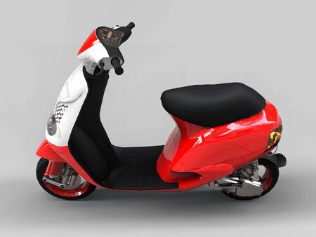 Modern urban red and white moped on a light gray background. 3d illustrationの写真素材