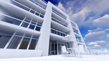 Small functional condominium with its own enclosed area, garage and swimming pool. Area with umbrellas for relaxing in warm weather. Summer Sunny day with small clouds. 3d renderingの写真素材