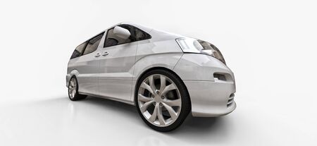 White small minivan for transportation of people. Three-dimensional illustration on a glossy white background. 3d renderingの写真素材