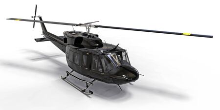 Black small military transport helicopter on white isolated background. The helicopter rescue...