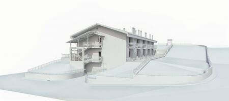 The condo for a small town or rural area. A small Motel, a room with a garage for guests. Exterior of a residential building on a white background. 3d renderingの写真素材