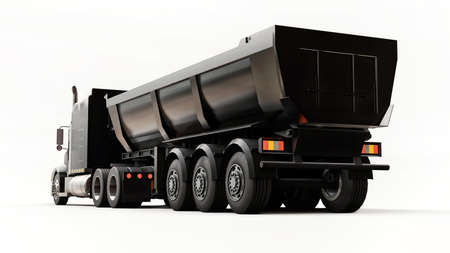 Large black American truck with a trailer type dump truck for transporting bulk cargo on a white...
