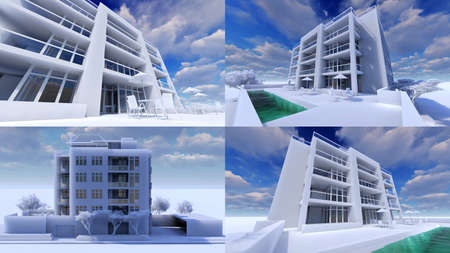 3d illustration. Small functional condominium with its own enclosed area, garage and swimming pool...