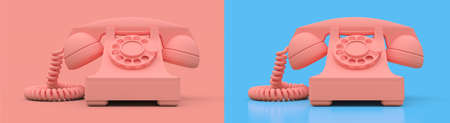 Old pink dial telephone on a pink and blue background. 3d illustration.