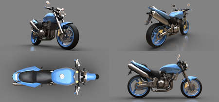 3d illustration. Blue urban sport two-seater motorcycle on a gray background.