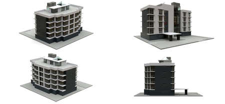 3d illustration. Small white-gray condominium with elevator and garage. 3d rendering