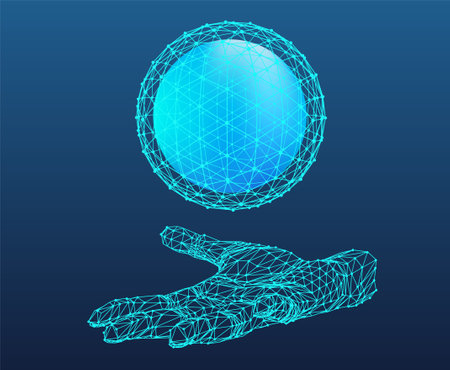 Abstract Technology connection background. Lines and dots connect illustration. the hand and the planet. Design template for brochures, banner, poster. Vector illustrationのイラスト素材