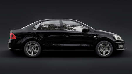 Tula, Russia. July 10, 2021: Volkswagen Polo sedan black compact city car isolated on black background. 3d renderingのeditorial素材