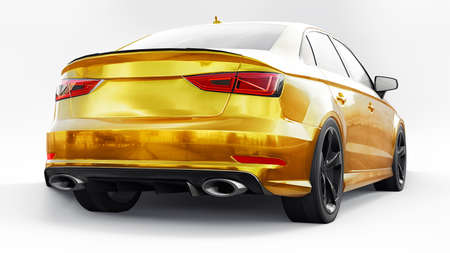 Super fast sports car yellow color on a white background. Body shape sedan. Tuning is a version of an ordinary family car. 3d illustrationの写真素材