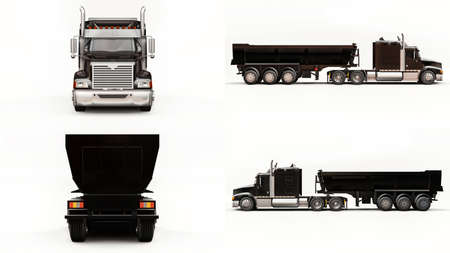 Set large black American truck with a trailer type dump truck for transporting bulk cargo on a white background. 3d illustrationの写真素材