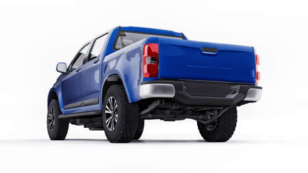 Blue pickup car on a white background. 3d rendering