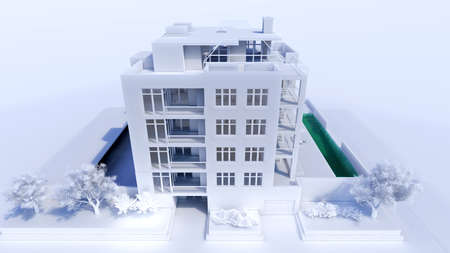 Small functional condominium with its own enclosed area, garage and swimming pool. Area with umbrellas for relaxing in warm weather. Summer Sunny day with small clouds. 3d renderingの写真素材