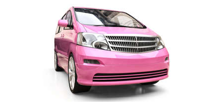 Pink small minivan for transportation of people. Three-dimensional illustration on a glossy white background. 3d renderingの写真素材