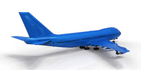 Large passenger aircraft of large capacity for long transatlantic flights. Blue airplane on white isolated background. 3d illustrationの写真素材