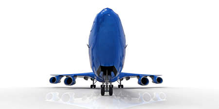 Large passenger aircraft of large capacity for long transatlantic flights. Blue airplane on white...