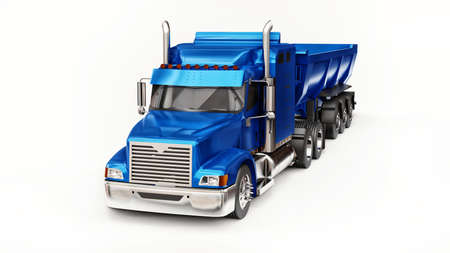 Large blue American truck with a trailer type dump truck for transporting bulk cargo on a white background. 3d illustrationの写真素材