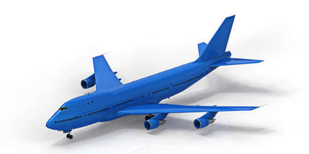 Large passenger aircraft of large capacity for long transatlantic flights. Blue airplane on white...