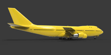 Large passenger aircraft of large capacity for long transatlantic flights. Yellow airplane on gray...