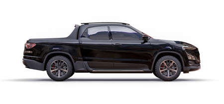 3D illustration of black concept cargo pickup truck on white isolated background. 3d rendering