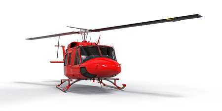 Red small military transport helicopter on white isolated background. The helicopter rescue service. Air taxi. Helicopter for police, fire, ambulance and rescue service. 3d illustrationの写真素材