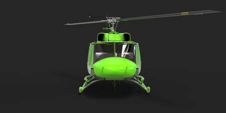 Green small military transport helicopter on black isolated background. The helicopter rescue service. Air taxi. Helicopter for police, fire, ambulance and rescue service. 3d illustrationの写真素材