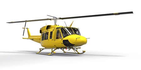 Yellow small military transport helicopter on white isolated background. The helicopter rescue service. Air taxi. Helicopter for police, fire, ambulance and rescue service. 3d illustrationの写真素材