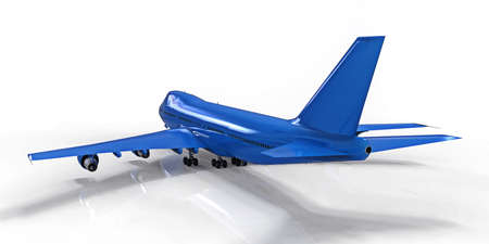 Large passenger aircraft of large capacity for long transatlantic flights. Blue airplane on white...