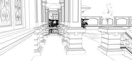 Large Asian-style villa with garden, pool and tennis court. The building and the territory in contour lines with soft scattered shadows. 3d illustrationの写真素材