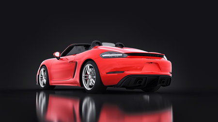 Tula, Russia. March 26, 2021: Porsche 718 Spider 2017 red sports car cabrio on black background. 3d rendering, 3d illustrationのeditorial素材