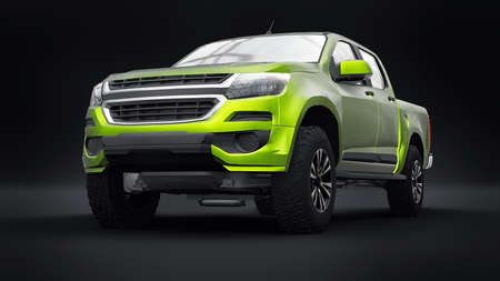 Green pickup car on a black background. 3d rendering.